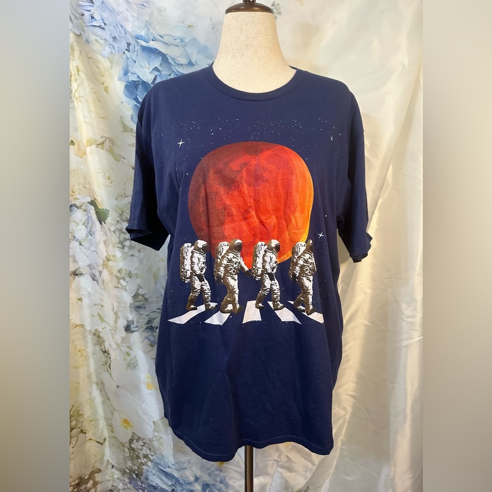 Navy Graphic Tee with Astronaut Design Full Moon and Cross Walk.